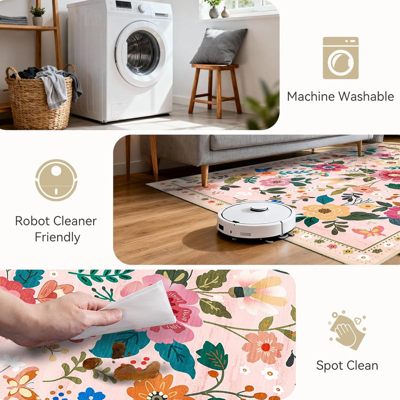 Rugs Living Room Machine Washable Floral Rug