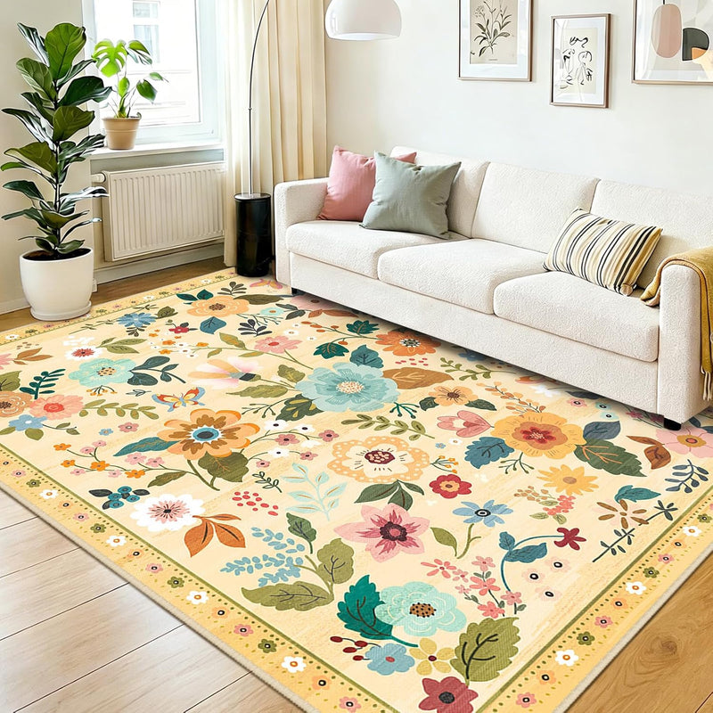 Rugs Living Room Machine Washable Floral Rug
