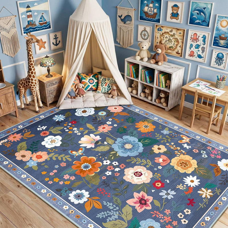 Rugs Living Room Machine Washable Floral Rug