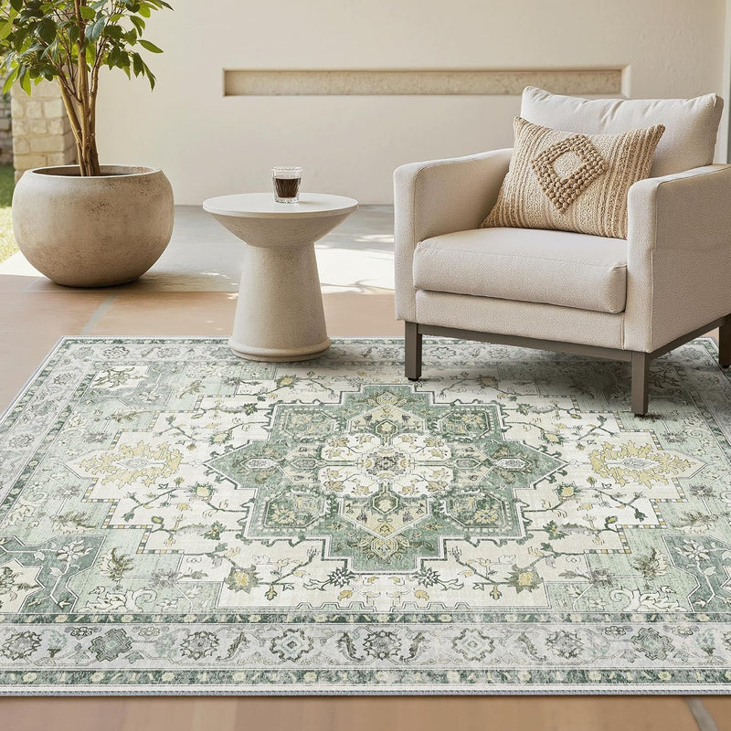 Large Rug Boho Sage Washable Non-Slip Vintage