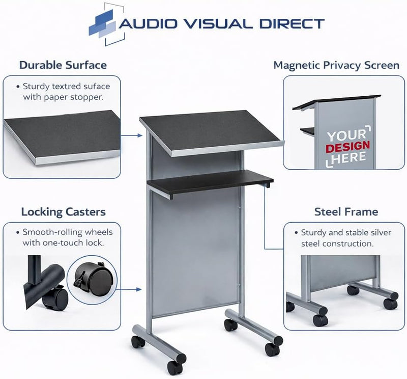 Wheeled Lectern with Storage Shelf Compact Standing Desk