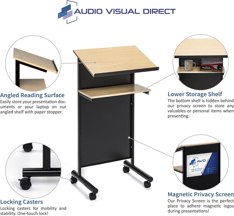 Wheeled Lectern with Storage Shelf Compact Standing Desk