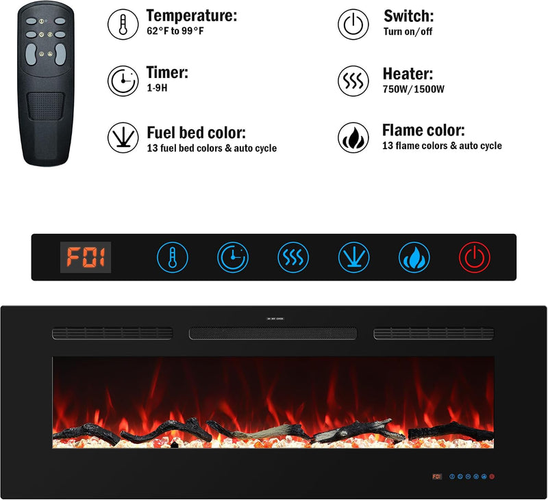 Wifi Electric Fireplace Inserts Recessed and Wall