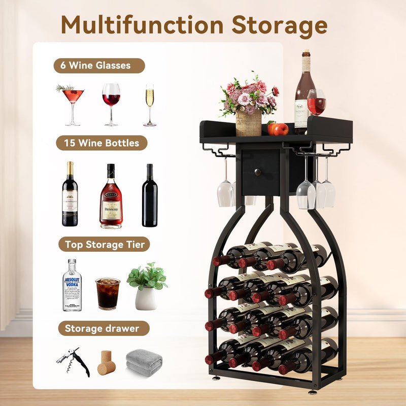 Wine Rack Freestanding Floor 15 Bottles Glass Holder