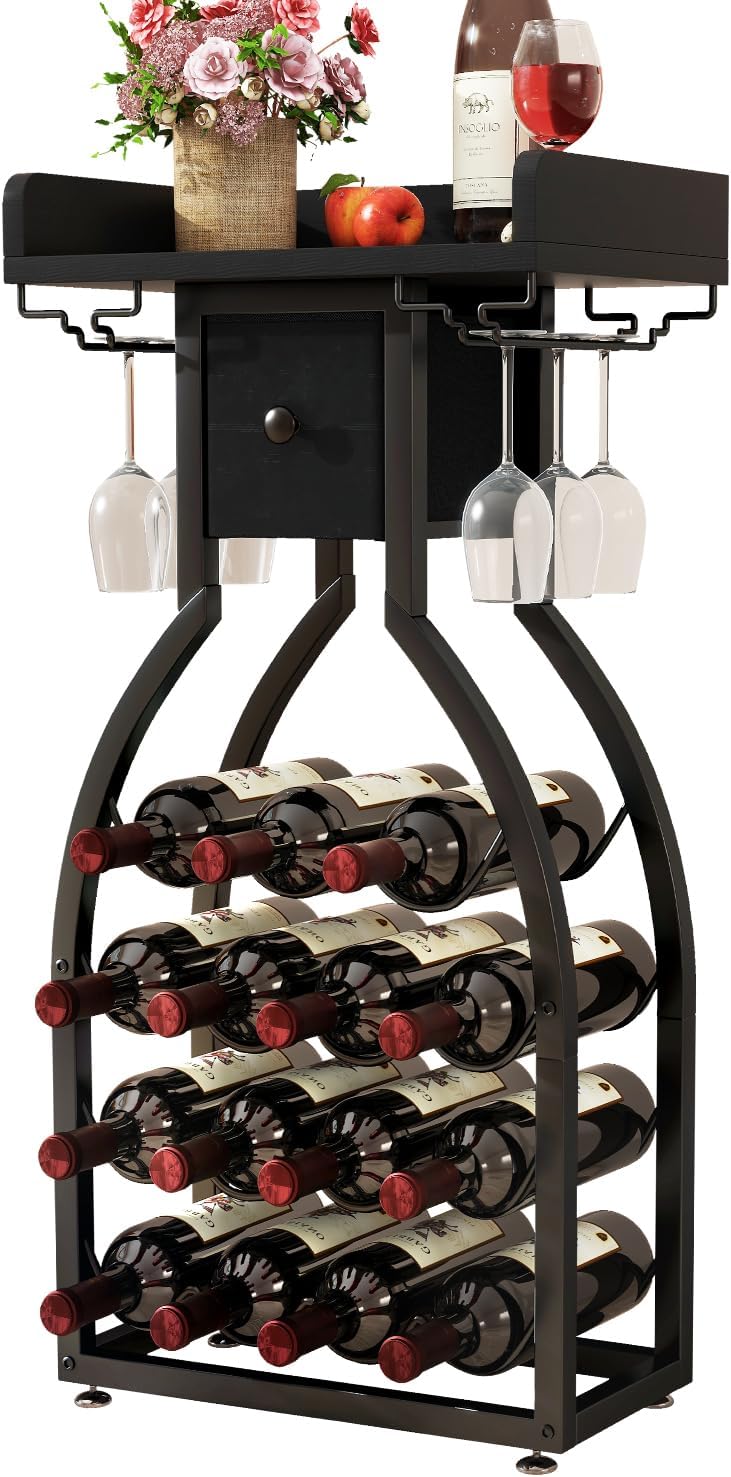 Wine Rack Freestanding Floor 15 Bottles Glass Holder