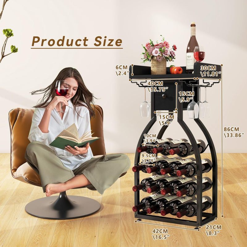 Wine Rack Freestanding Floor 15 Bottles Glass Holder