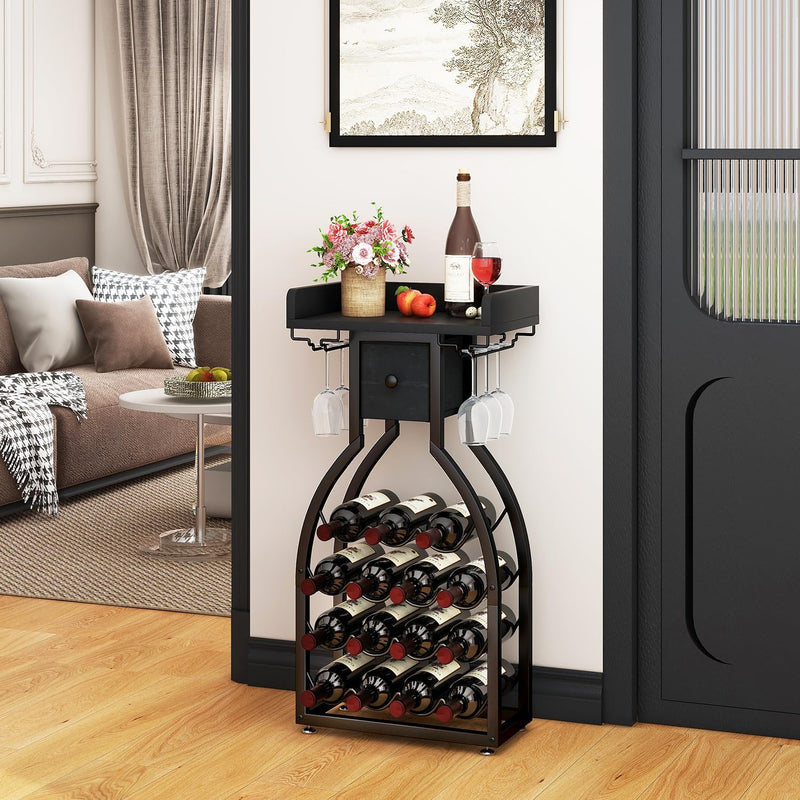 Wine Rack Freestanding Floor 15 Bottles Glass Holder