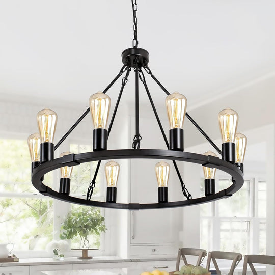10-Light Wagon Wheel Chandelier Industrial Farmhouse Round