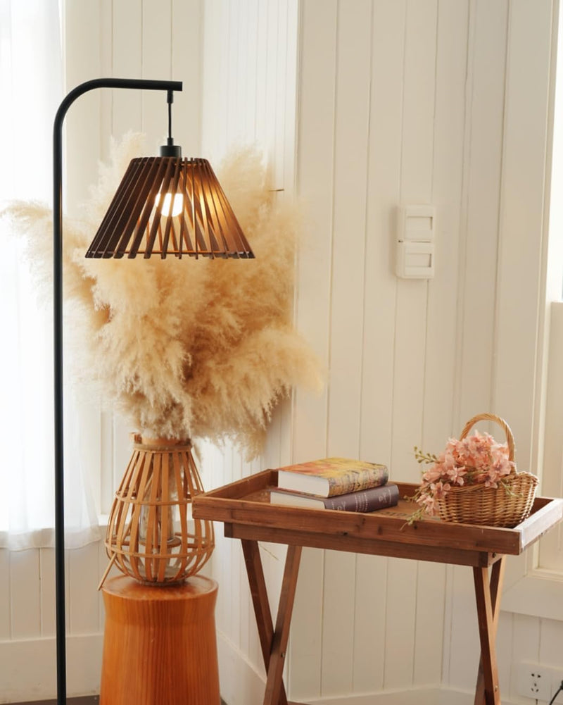 Wood Floor Lamp Boho Natural Oak with Linen