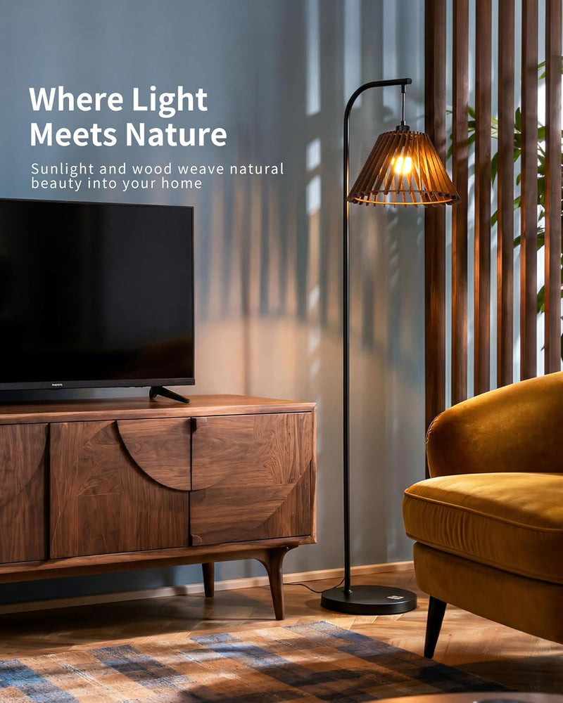 Wood Floor Lamp Boho Natural Oak with Linen
