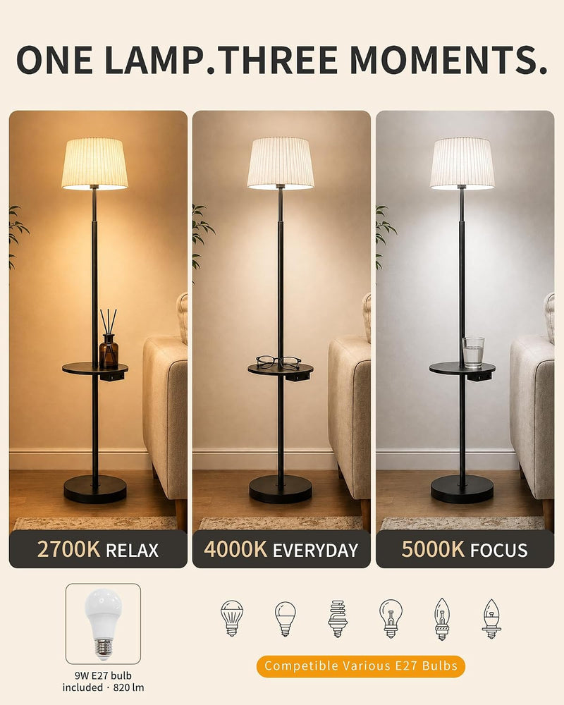 Wood Floor Lamp Boho Natural Oak with Linen