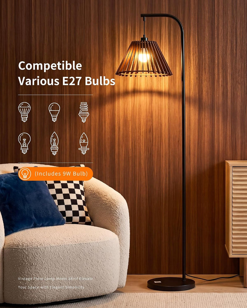 Wood Floor Lamp Boho Natural Oak with Linen