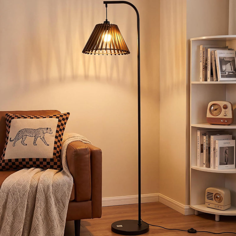 Wood Floor Lamp Boho Natural Oak with Linen