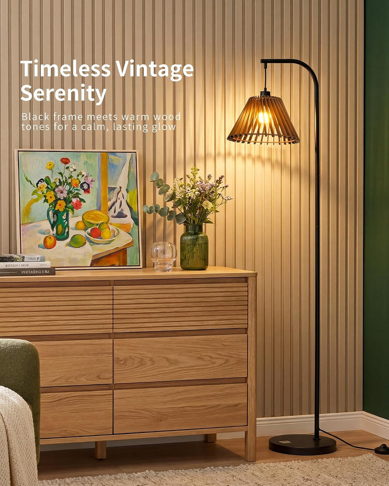 Wood Floor Lamp Boho Natural Oak with Linen