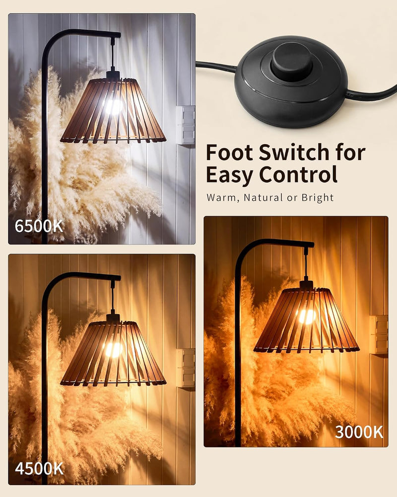 Wood Floor Lamp Boho Natural Oak with Linen