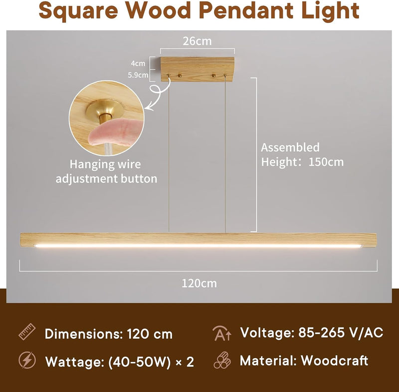 Wood Pendant Light with Remote Control Dimmable 3000K