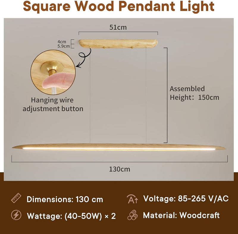 Wood Pendant Light with Remote Control Dimmable 3000K