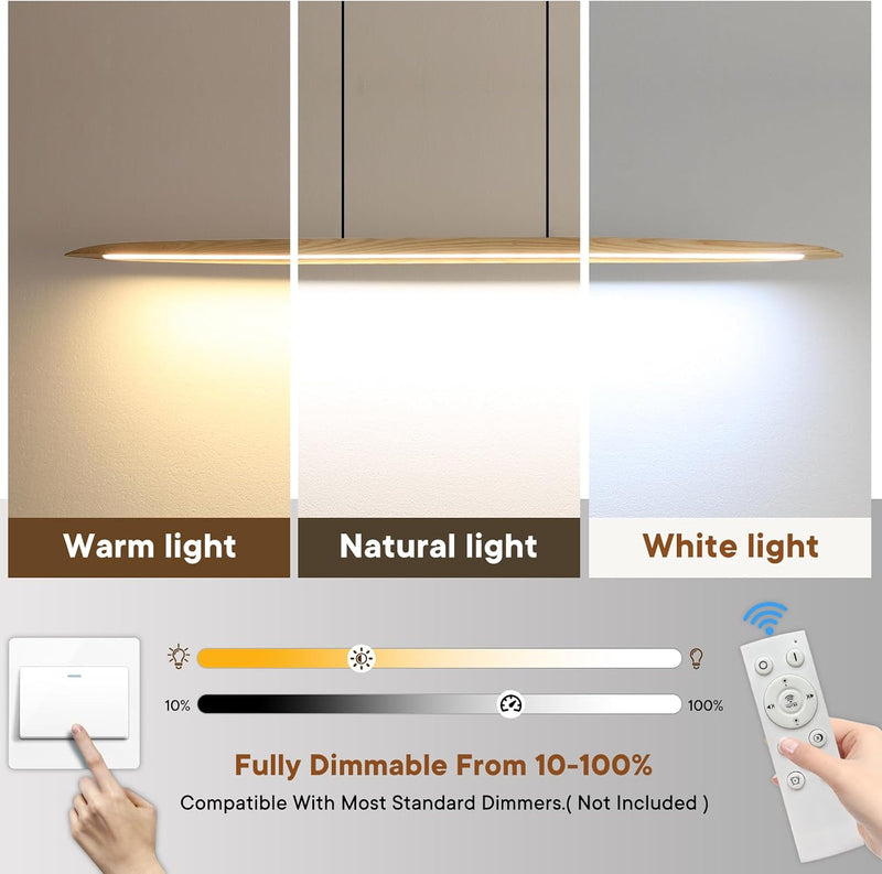 Wood Pendant Light with Remote Control Dimmable 3000K