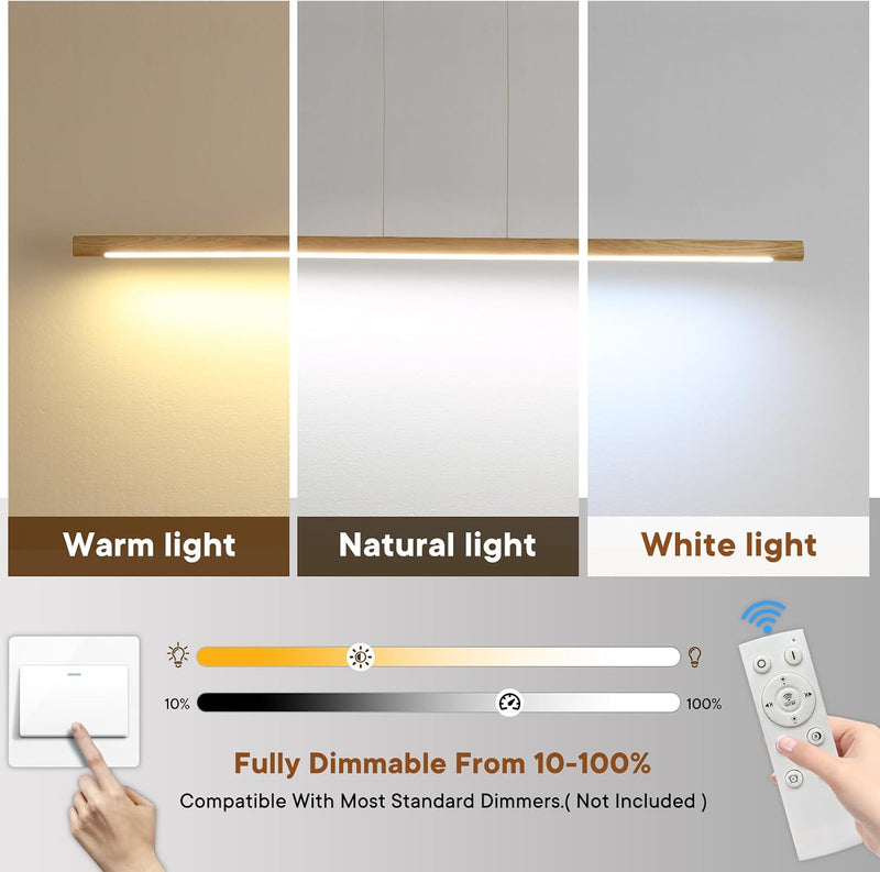 Wood Pendant Light with Remote Control Dimmable 3000K