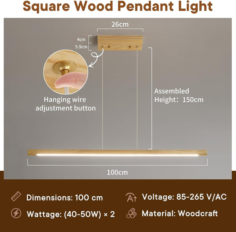 Wood Pendant Light with Remote Control Dimmable 3000K