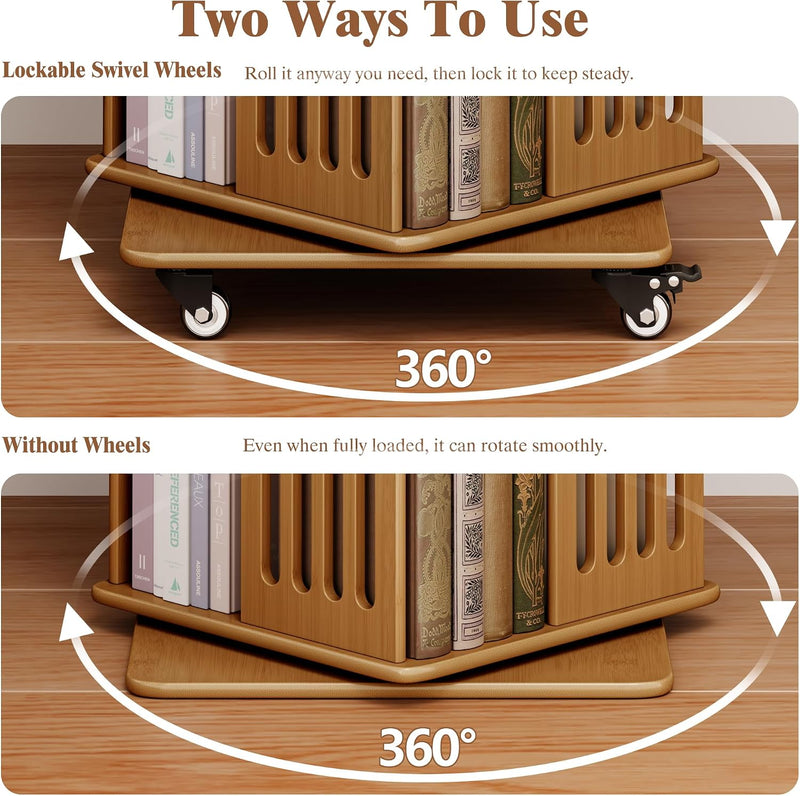 Wood Revolving Bookcase with Lockable Wheels 5-Tier Square 152CM