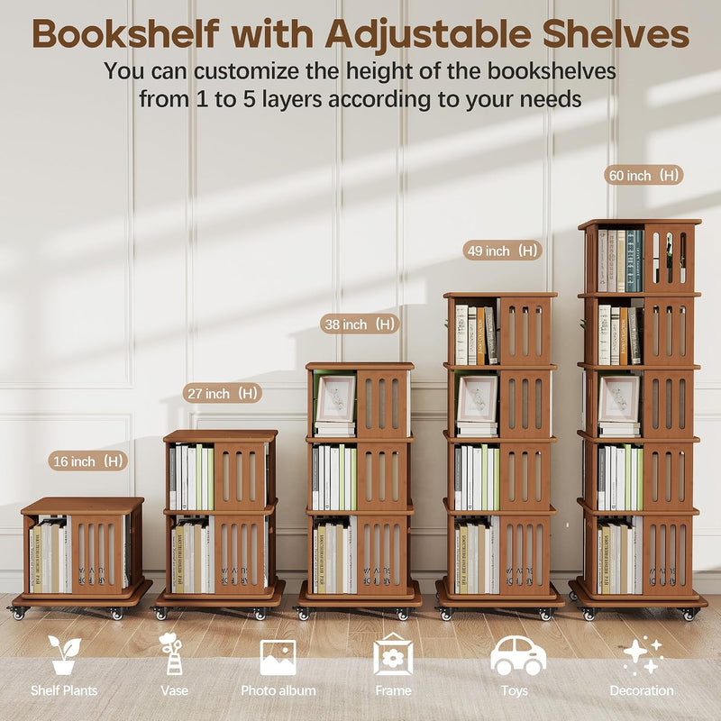 Wood Revolving Bookcase with Lockable Wheels 5-Tier Square 152CM