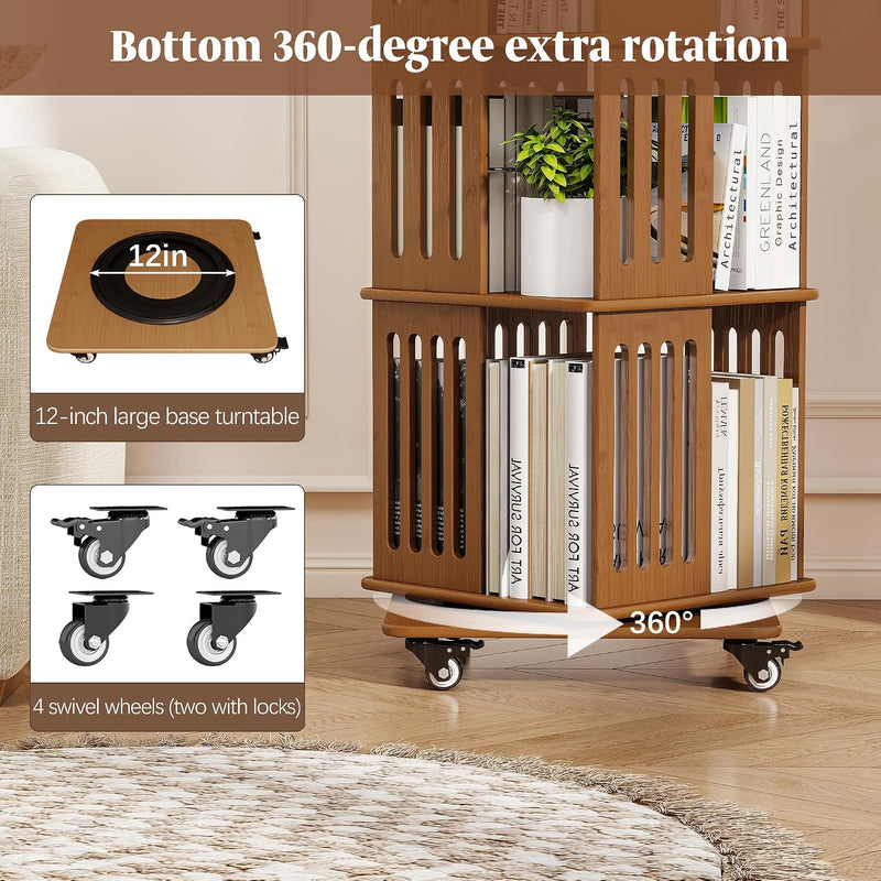 Wood Revolving Bookcase with Lockable Wheels 5-Tier Square 152CM