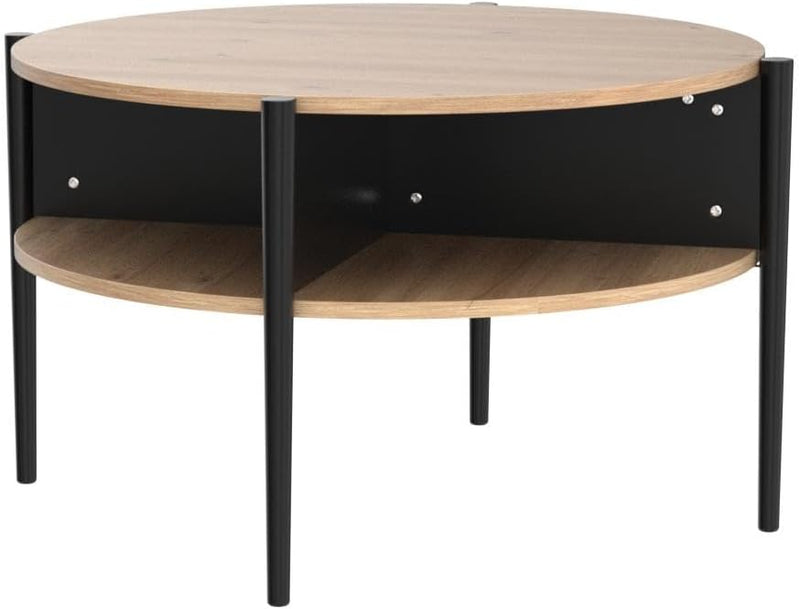 Wood Round Coffee Table with 2-Tier Storage Partitioned