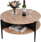 Wood Round Coffee Table with 2-Tier Storage Partitioned