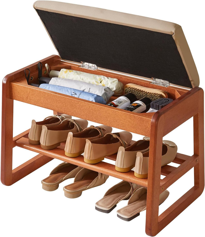 Wood Shoe Storage Bench with Cushion 2 Tier
