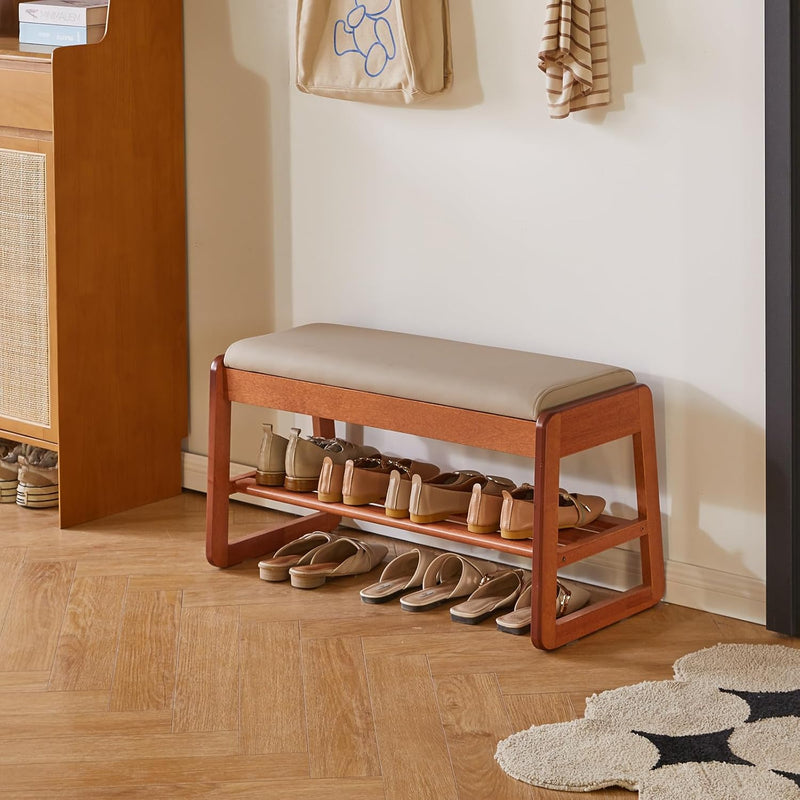 Wood Shoe Storage Bench with Cushion 2 Tier