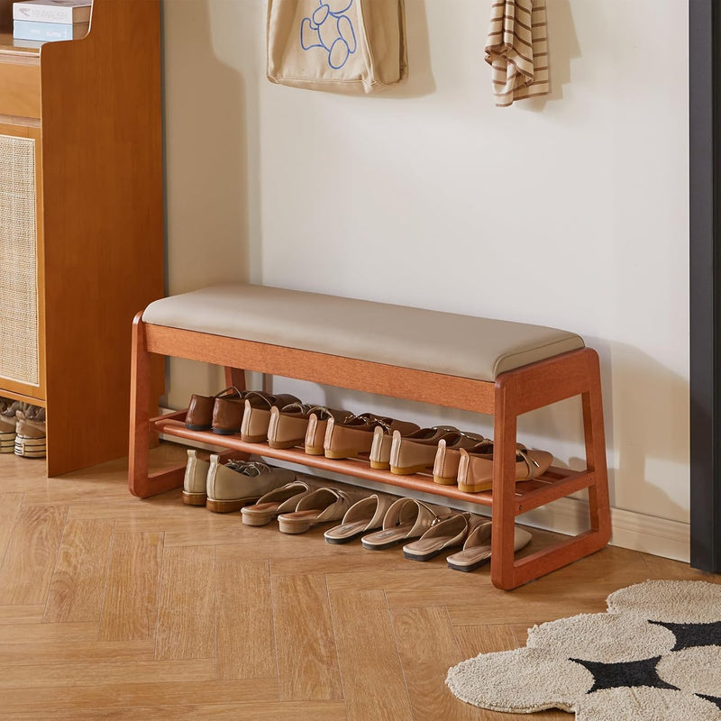 Wood Shoe Storage Bench with Cushion 2 Tier