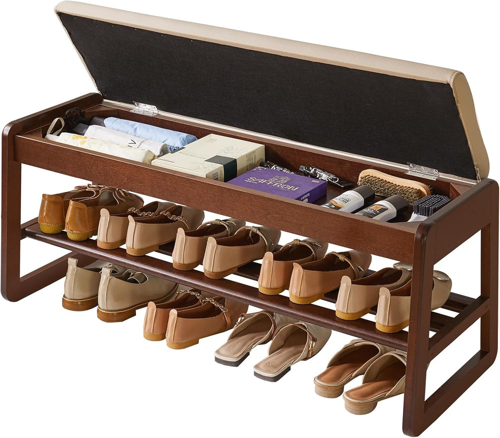 Wood Shoe Storage Bench with Cushion 2 Tier