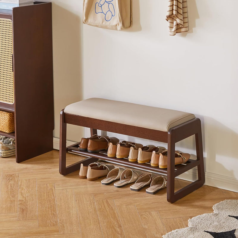 Wood Shoe Storage Bench with Cushion 2 Tier
