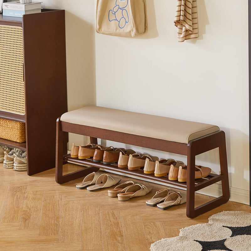 Wood Shoe Storage Bench with Cushion 2 Tier