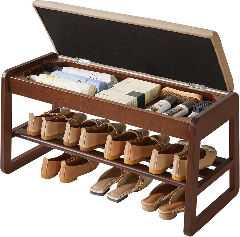 Wood Shoe Storage Bench with Cushion 2 Tier