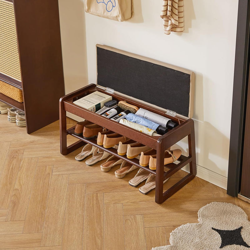 Wood Shoe Storage Bench with Cushion 2 Tier