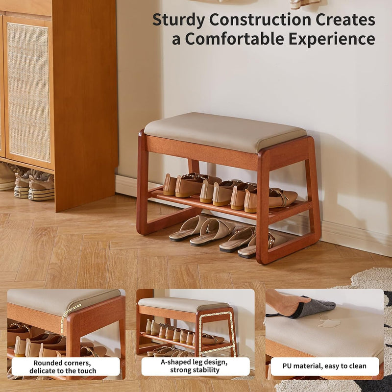 Wood Shoe Storage Bench with Cushion 2 Tier
