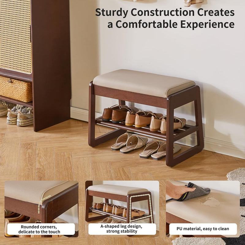 Wood Shoe Storage Bench with Cushion 2 Tier