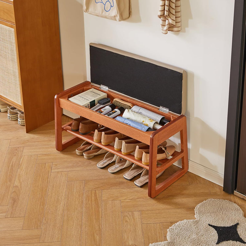 Wood Shoe Storage Bench with Cushion 2 Tier