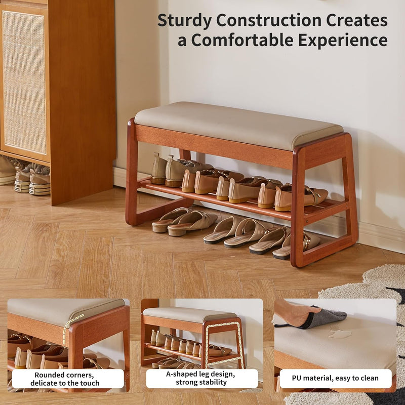 Wood Shoe Storage Bench with Cushion 2 Tier