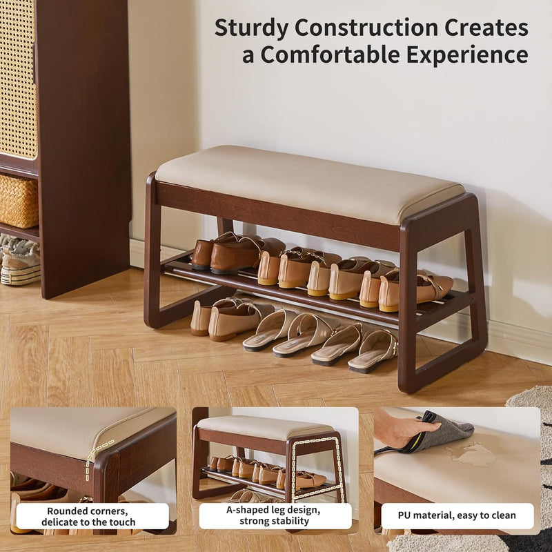 Wood Shoe Storage Bench with Cushion 2 Tier