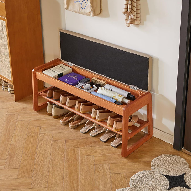 Wood Shoe Storage Bench with Cushion 2 Tier