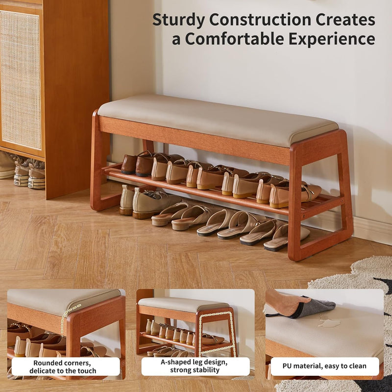 Wood Shoe Storage Bench with Cushion 2 Tier
