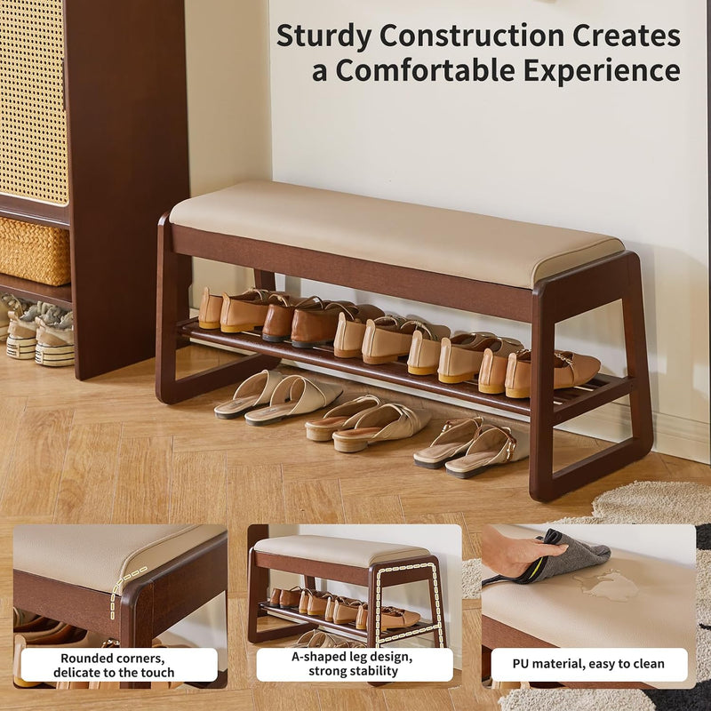 Wood Shoe Storage Bench with Cushion 2 Tier