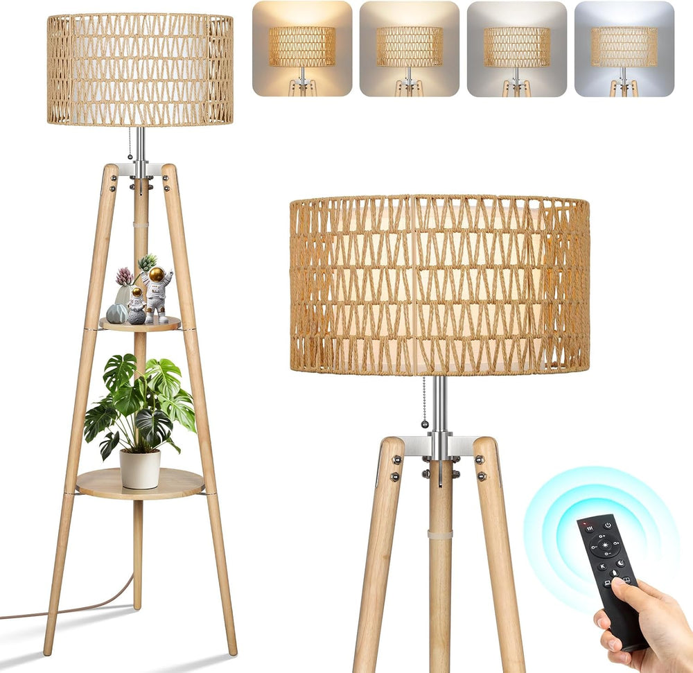 Wood Tripod Floor Lamp with Rattan Linen Double