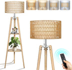 Wood Tripod Floor Lamp with Rattan Linen Double