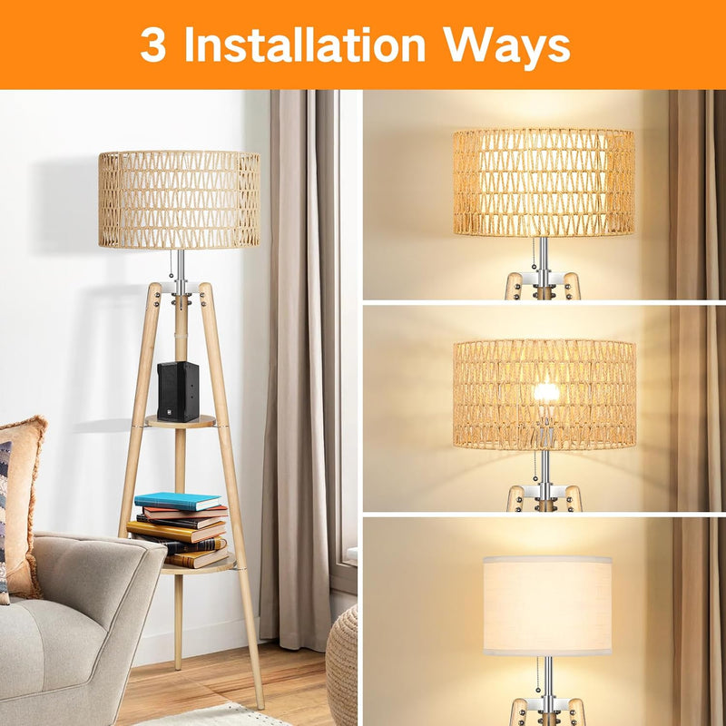 Wood Tripod Floor Lamp with Rattan Linen Double