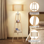 Wood Tripod Floor Lamp with Rattan Linen Double