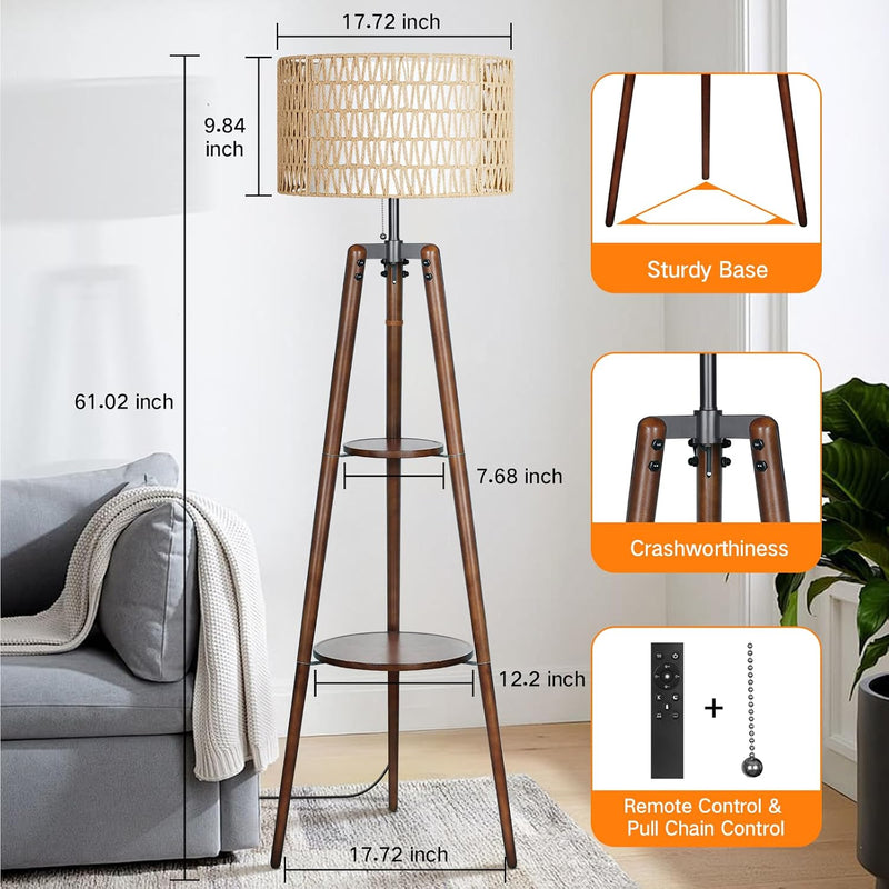 Wood Tripod Floor Lamp with Rattan Linen Double